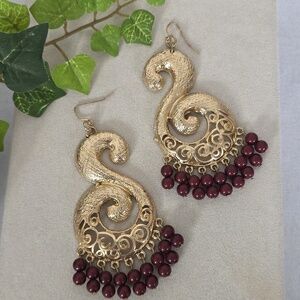 Large Statement Gold S Curve Earrings with Burghandy Beads